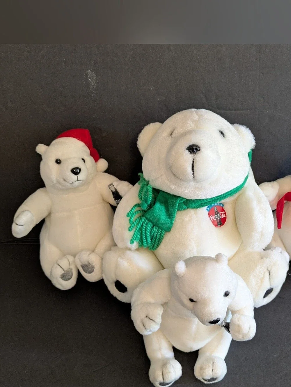 Coca Cola Plush Polar Bear Family with Green & Red Scarfs  & Cola Bottles 1993